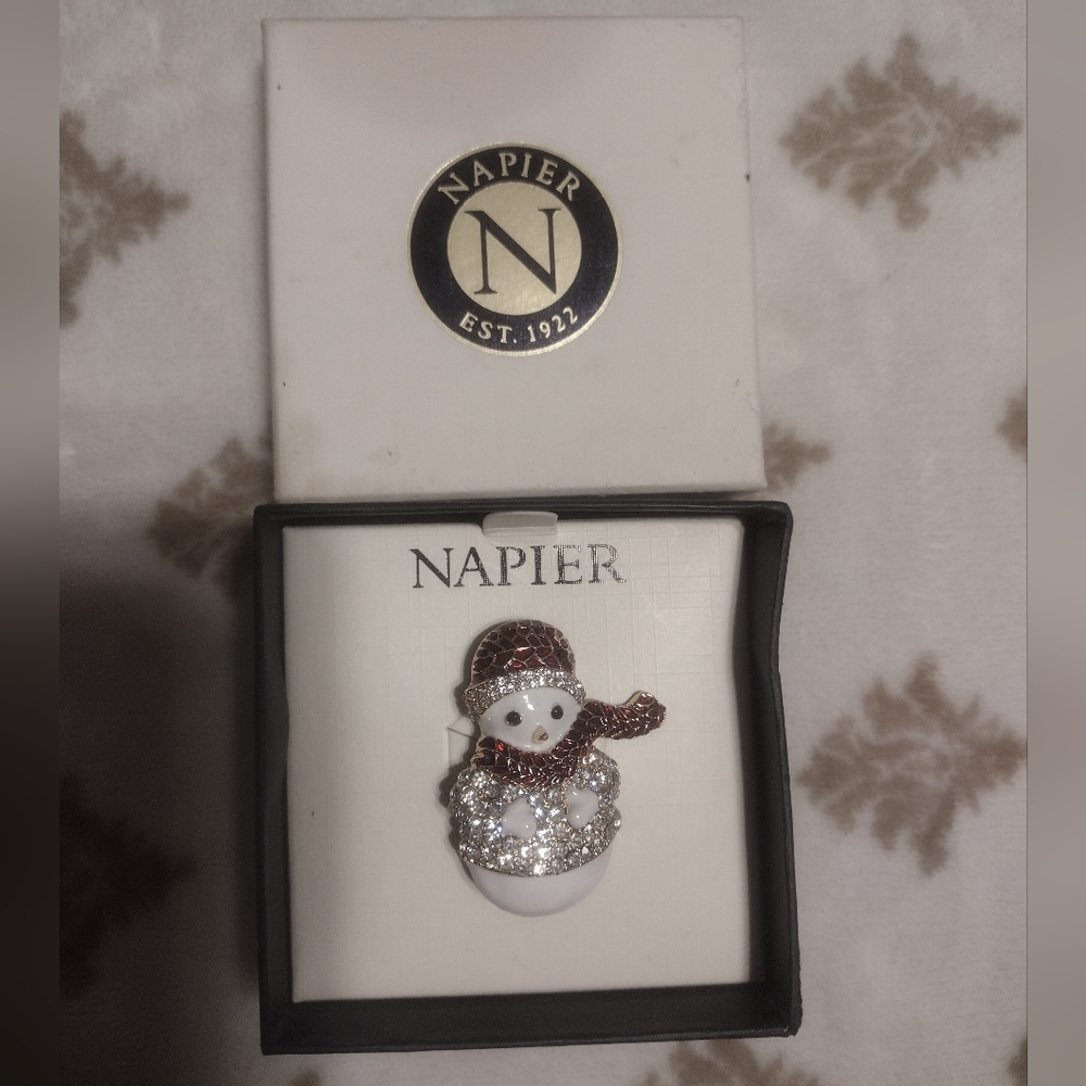 Napier Silver and White Crystal Snowman Brooch